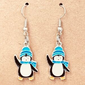 Handcrafted Stainless Steel Penguin Dangle Earrings Winter Enamel Blue Charms
